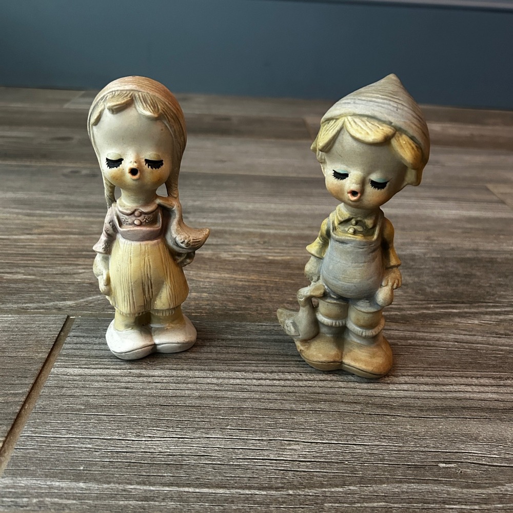 Vintage Japanese‎ Bisque Ceramic Figurines Boy Girl Holding Ducks Collectible